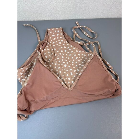 Aerie women's medium‎ tan white dot one piece full coverage swimsuit halter tie - Picture 6 of 8